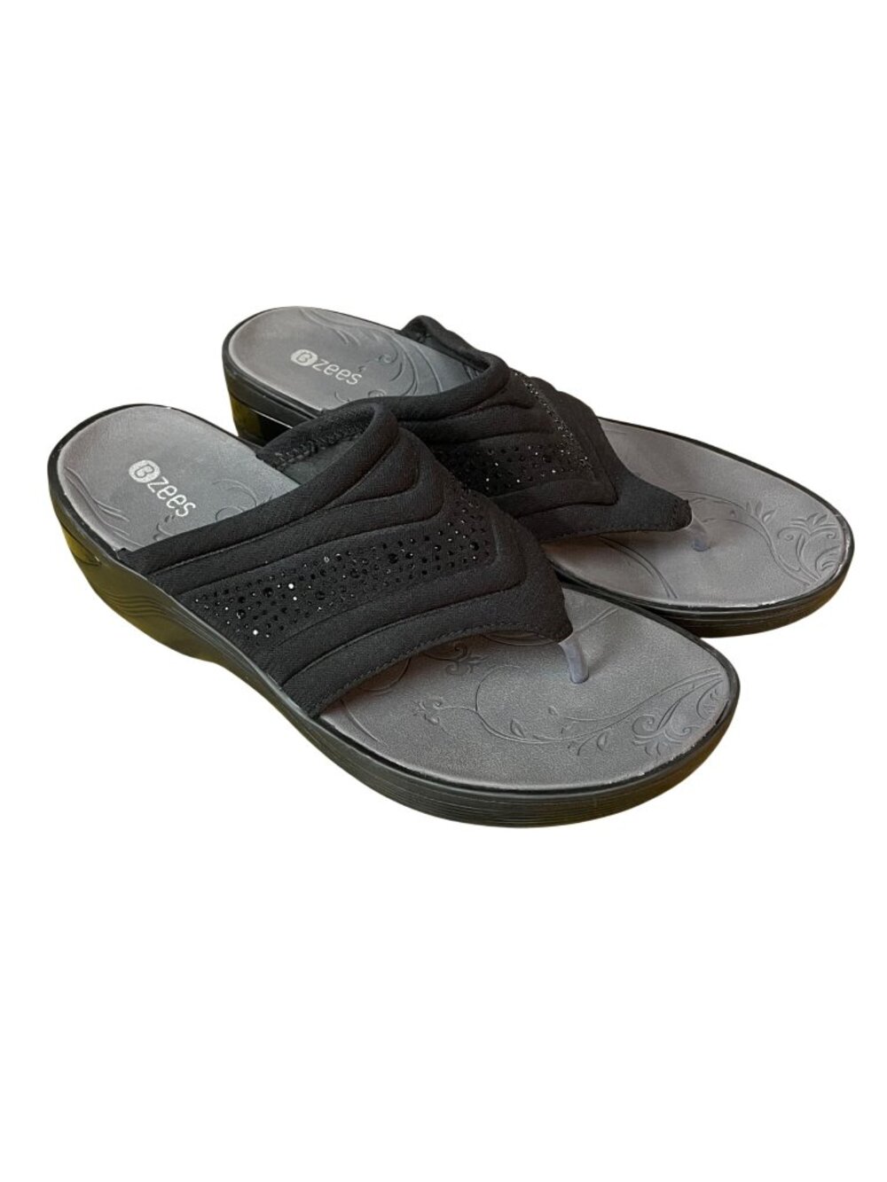 Bzees Dazzle Me Wedge Thong Sandals Black Sz 11 Comfort Sparkle